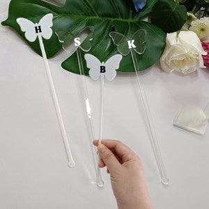 Butterfly Acrylic Drink Stirrers - Custom Monogram Drink Stirrer - Clear Acrylic White Cocktail Stirrer - Butterfly Baby Bridal Shower Decor