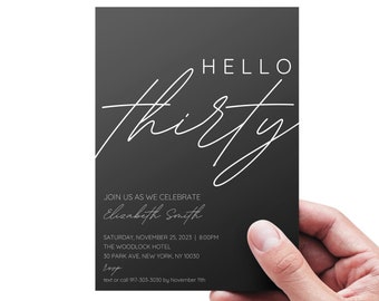 TEMPLATE | 30th Birthday Invitation Template, Classic Modern Minimal Thirty Birthday Party Invite, Black and White Birthday Party Invitation