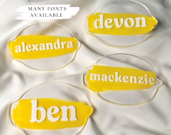 Acrylic Lemon Name Place Cards - Clear Painted Acrylic Lemon Seating Name Tags - Lemon Bridal Shower Table Decor - Main Squeeze Baby Shower