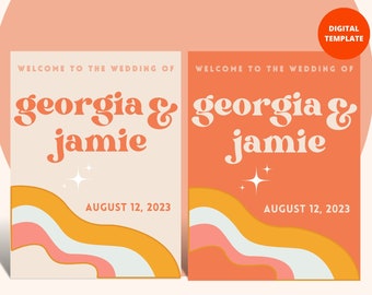 TEMPLATE | Retro Wedding Sign Template, Orange 70s Theme Groovy Ceremony Poster Wedding Sign, Digital Vintage Wedding, 90s Boho Hippie Print