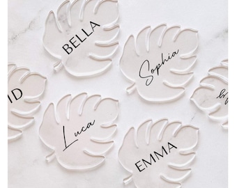Acrylic Monstera Leaf Name Place Cards - Clear Acrylic Palm Leaf Seating Name - Custom Personalized Gift - Boho Decor Baby Shower Name Cards