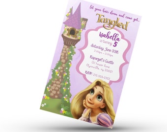 May include: A purple and gold invitation for a Tangled themed birthday party. The invitation features a cartoon image of Rapunzel from the Disney movie Tangled. The text on the invitation reads "Let your hair down and come get... Tangled. Isabella is turning 5. Saturday, June 30th, 2:00pm - 5:00pm. Rapunzel's Castle, 121 Tower Lane, Flynnville, NY 20021. RSVP: 212-555-2322."