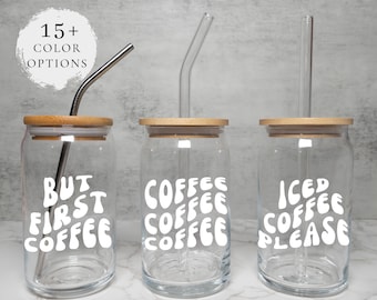 Retro Iced Coffee Cup - Groovy Wavy Name Glass Cup + Wood Lid + Metal & Glass Straw - Mother’s Day Gifts for Her - But First Coffee Please