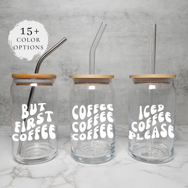 Retro Iced Coffee Cup - Groovy Wavy Name Glass Cup + Wood Lid + Metal & Glass Straw - Mother’s Day Gifts for Her - But First Coffee Please