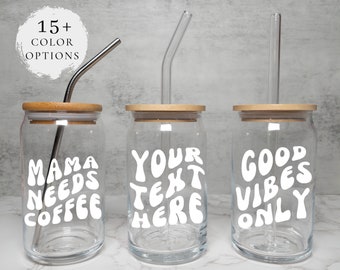 Custom Retro Groovy Wavy Name Iced Coffee Cup - Personalized Glass Cup + Wood Lid + Glass Straw - Bridesmaid Gifts for Her - Beer Can Cup