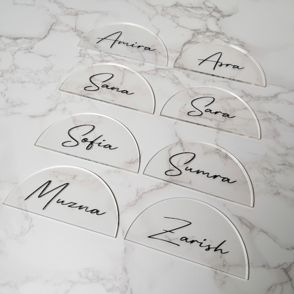 Half Circle Acrylic Name Place Cards - Clear Semicircle Seating Name Plates - Custom Personalized Gift - Modern Decor Baby Shower Name Cards
