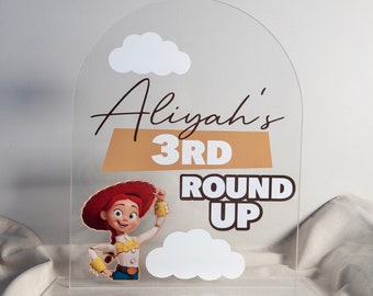 Toy Story Acrylic Birthday Sign - Woody and Jessie Cutout Roundup- Toy Story Neutral Birthday Decorations - Party Sign -Custom Clear Acrylic