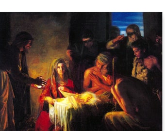 Op de afbeelding: Een schilderij dat de kerststal voorstelt met Maria, Jozef en het kindje Jezus. De scène wordt verlicht door een warm, gouden licht, en de figuren worden omringd door een groep mensen, waaronder herders en wijzen.