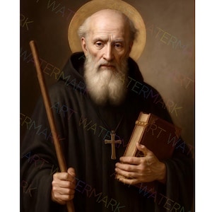 Puede incluir: Retrato de un hombre mayor con larga barba blanca, vestido con una túnica negra y un halo dorado. Sostiene un bastón de madera y un libro cerrado. Una cruz dorada cuelga de su cuello. El fondo es de tono cálido y neutro.