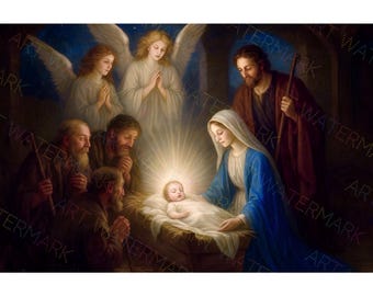 Nativity Scene Canvas: Holy Family with Angels, Bethlehem Art