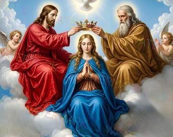 Pode incluir: Uma pintura religiosa retrata uma cena de coroação. Duas figuras em vestes vermelhas e douradas colocam uma coroa em uma mulher em uma veste azul. Uma pomba paira acima, e querubins ladeiam as figuras. O fundo é um céu azul com nuvens.
