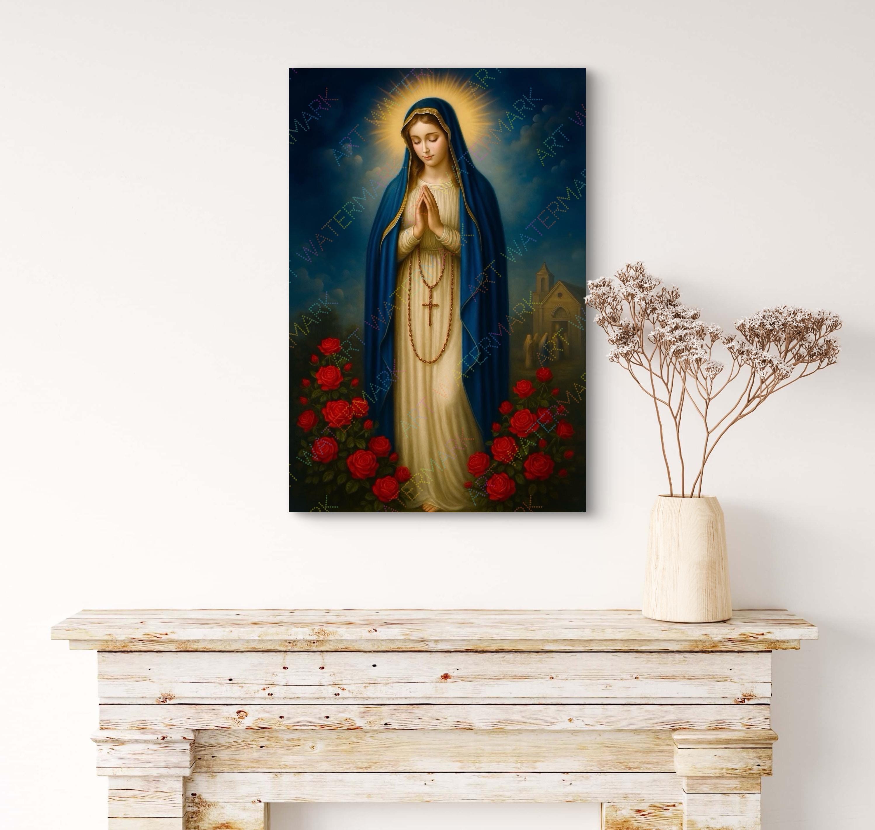 Our Lady of the Rosary Print: Red Roses, Catholic Wall Art (digital ...