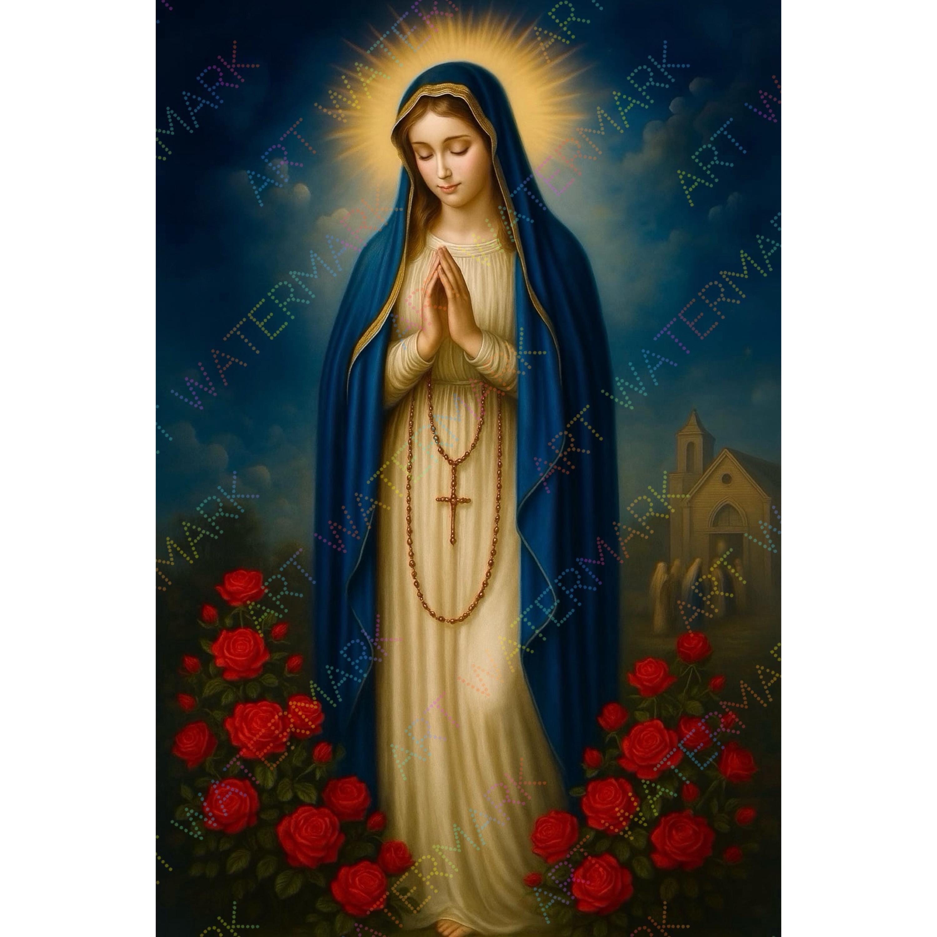 Our Lady of the Rosary Print: Red Roses, Catholic Wall Art (digital ...