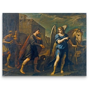St. Raphael the Archangel leads Tobias, Bible Art Canvas , Biblical Decor, Bible Gift