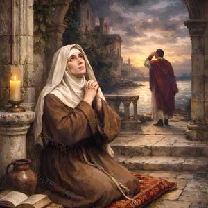 May include: A painting depicting a person in a brown robe and white head covering kneeling in prayer on a red rug. Beside them is a lit candle and an open book. In the background, a person in a red cloak stands on a stone terrace near water.