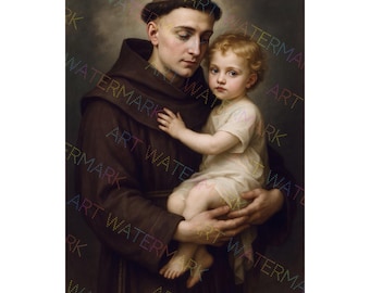 Impresión digital de San Antonio de Padua, Arte de San Antonio y el Niño Jesús, Arte mural católico, Descarga digital