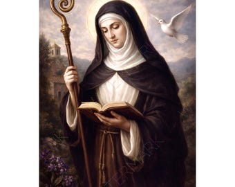 St. Scholastica Canvas Painting | Catholic Wall Art | Saint Portrait | Religious Gift Decor