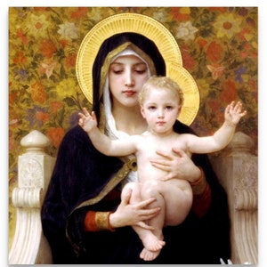 Our Lady Queen with Child Jesus , Our Lady With Lilies, Canvas Art, Jesus Wall Decor, Mary Madonna Prints, Bouguereau Painting