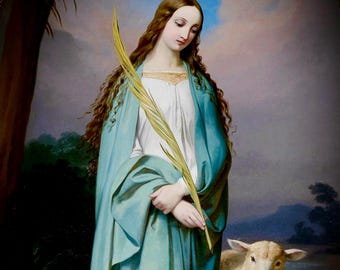 Saint Agnes with Lamb, Catholic Artwork , Saint Art Canvas , Religious Pictures Decor, Baptism Gift