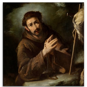 Saint Francis of Assisi, Praying Rosary, Crucifix, by Bernardo Strozzi, c.1620, Canvas Art