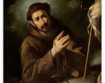 May include: A painting of a man in a brown robe, praying with a rosary in his hands. He is looking at the viewer with a serious expression. The background is a dark, cloudy sky.