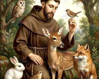 St Francis with Animals Canvas, Patron Saint Nature Catholic Wall Art