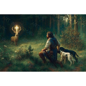 May include: An artistic digital painting depicts a man kneeling in a forest, accompanied by two dogs. A deer with a glowing cross between its antlers stands in the distance. The scene is set in a lush, green environment.
