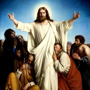 May include: A painting depicting Jesus Christ with outstretched arms, surrounded by a group of people. Jesus is wearing a white robe and has a halo around his head. The people are dressed in various shades of brown and red.