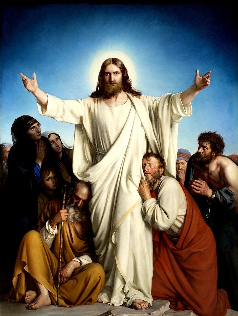 May include: A painting depicting Jesus Christ with outstretched arms, surrounded by a group of people. Jesus is wearing a white robe and has a halo around his head. The people are dressed in various shades of brown and red.
