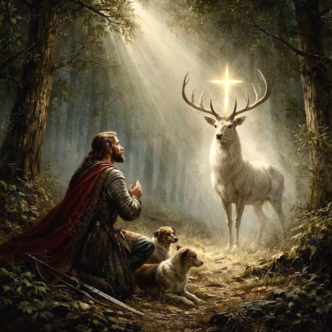 St Teilo Riding Stag Saint Hubert & Stag Canvas Art: Patron of Hunters Catholic Gift - Etsy