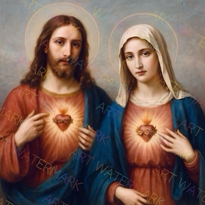 Sacred Heart of Jesus & Immaculate Heart of Mary on Canvas | Jesus Christ Wall Art | Jesus Mary Picture