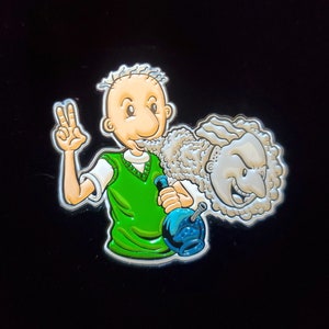 May include: A cartoon character with gray hair and a green vest is holding a blue bong. The character is smiling and giving a peace sign. The bong is emitting smoke.
