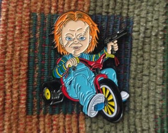 1980's Horror Movie Chucky on Big Wheel Bike 80's Gore Film Enamel Lapel Hat Pin
