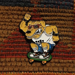 May include: A yellow and brown cartoon dog wearing sunglasses and a white vest is skateboarding. The dog is wearing blue shorts and black shoes. The skateboard is green and has black wheels.