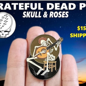 Pin de sombrero de solapa esmaltado con diseño de calavera y rosas de Dead Head, banda de música de guitarra laúd Jam