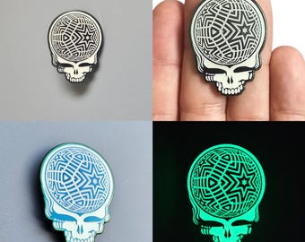 Dead Head Hippie Skull Sacred Geometry Glow In The Dark Rainbow Anodized Metal Enamel Lapel & Hat Pin