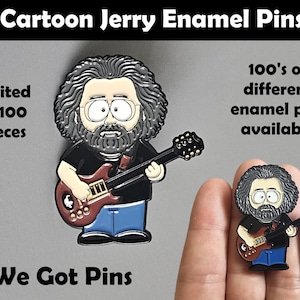 May include: An enamel pin featuring a cartoon-style character with long dark hair, a beard, and glasses, wearing a black shirt and blue trousers while playing a brown electric guitar. The pin is rendered in a flat, graphic illustration style with bold outlines.