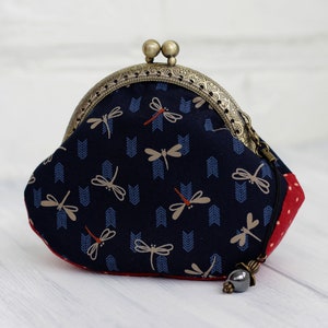 Monedero de moneda libélula, monedero azul negro rojo pequeño monedero monedero tela japonesa moneda bolsa cambio bolso bolso de tela libélula