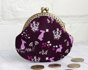 Coin Purse, Bunny purse, Metal frame change purse, small Coin Purse wallet Teacher gift Back to School woodland print pink rabbits Animal