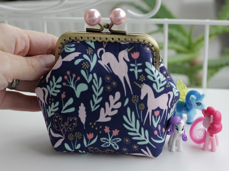 small wallet woodland unicorn purse Magic Metallic Navy Folk Unicorn Coin Purse Metal frame Pink Blue bobbles Kiss lock Change purse