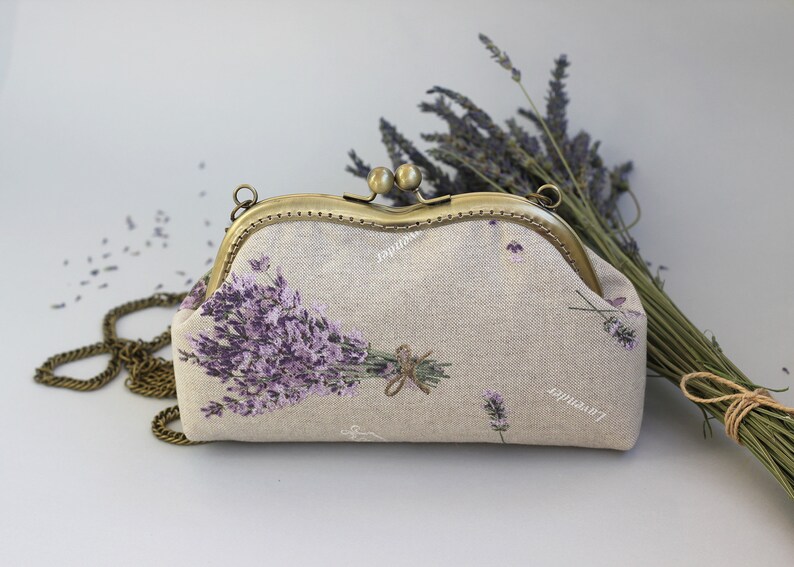 Lavender Clutch Purse Linen Bag Kiss Lock Clasp with Shoulder Etsy