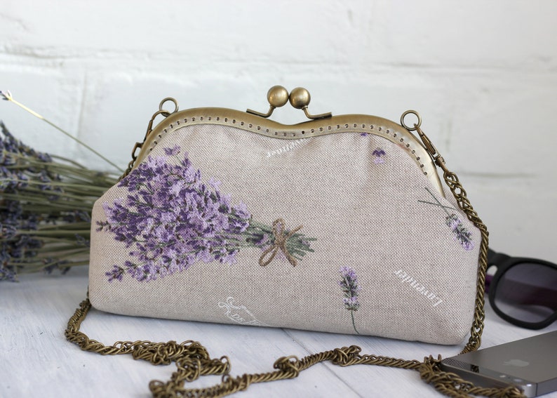 Lavender Clutch Purse Linen Bag Kiss Lock Clasp with Shoulder Etsy