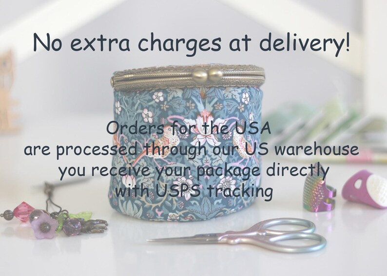 May include: A round, fabric-covered container with a floral pattern in blue and white, featuring a metal clasp. The image includes small scissors, a beaded charm, and other sewing accessories. Text on the image reads "No extra charges at delivery!"