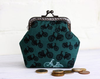 Coin Purse Bike Cotton Fabric Metal Frame Change Purse, Deep Green Black Boho Wallet Pouch