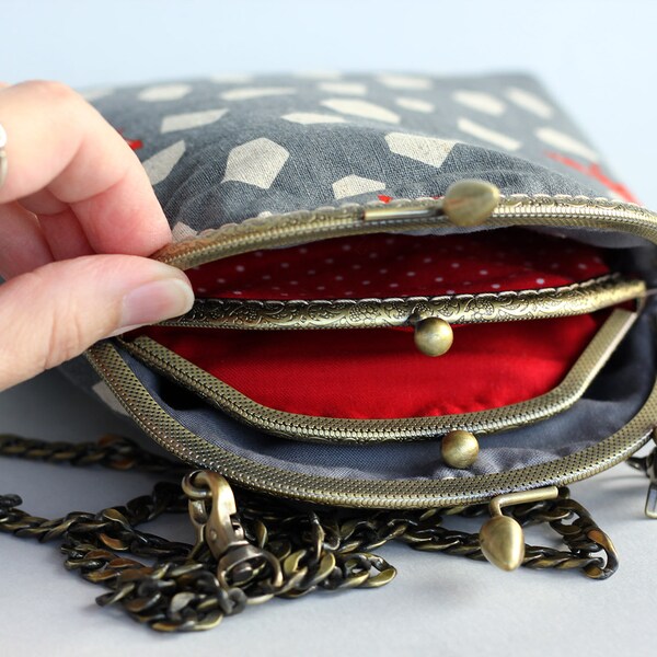 Small Crossbody Bag two sections Double Kiss lock Purse Crossbody Phone Pouch Chain Geometric Fox Cotton Japanese fabric Gray Red Polka dots