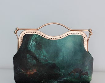 Borsa da sera Pochette in velluto verde con chiusura con struttura in metallo Borsa a tracolla con stampa di paesaggi di animali forestali a catena lunga OOAK Borsa in stile cinese giapponese