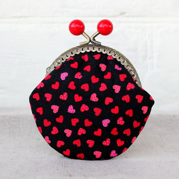 Coin Purse Notions Pouch Cross Stitch Crochet Knitting Quilt Craft Hearts Kiss Lock Clasp Wallet Change Small Black with Red Heart
