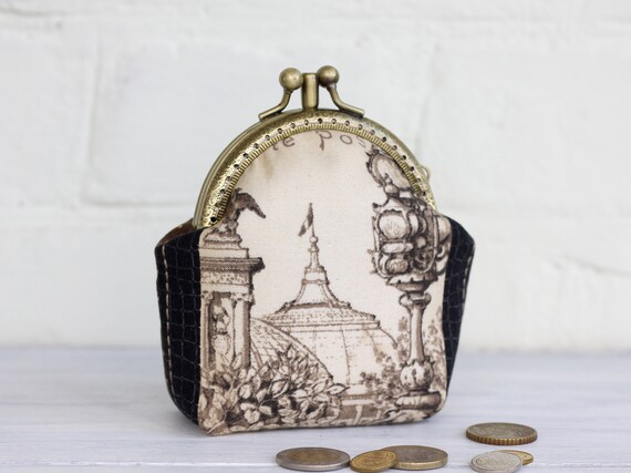 world map fabric lined metal framed purse Coin purse with 2 compartments double sided Kiss clasp