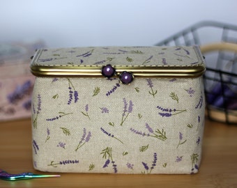 Needlework Box Case Cross Stitch Sewing Organizer, Wool Felt Panel Lavender Linen