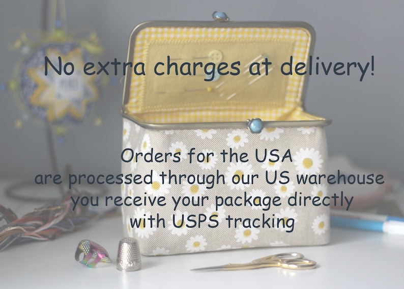 May include: A rectangular fabric sewing box with a beige exterior featuring a white daisy pattern. The interior is lined with yellow and white checkered fabric. A metal frame with a blue clasp secures the lid. A silver thimble and gold scissors.